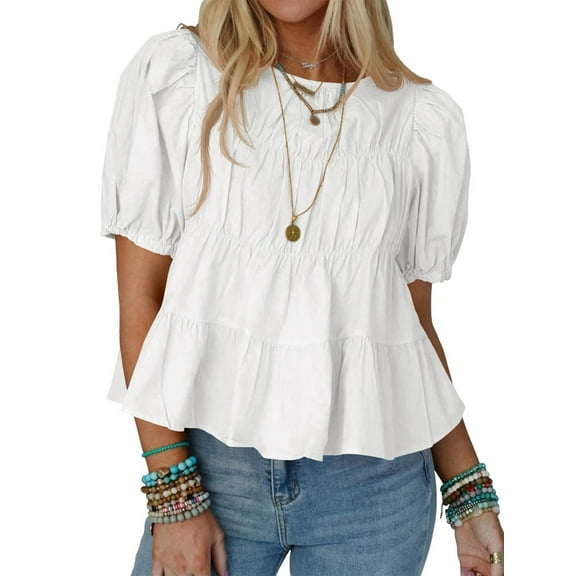 Womens Puff Sleeve Peplum Babydoll Tops Summer Smoked Pleated Cotton T-Shirts Casual Loose Fit Flowy Blouse White S