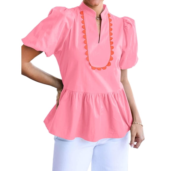 Womens Puff Sleeve Peplum Blouses Ruffle V Neck Summer Casual Tops Babydoll Loose Fit Shirts