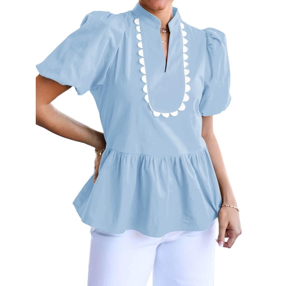 Womens Puff Sleeve Peplum Blouses Ruffle V Neck Summer Casual Tops Babydoll Loose Fit Shirts