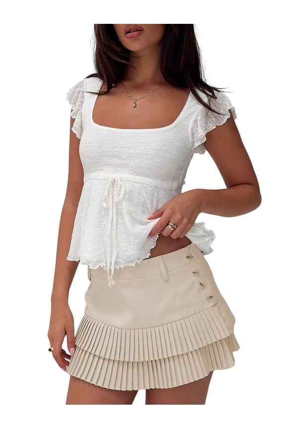 Womens Puff Sleeve Ruffle Trim Tie Front Cropped Top Slim Fit Tshirt Feminine Blouse White M