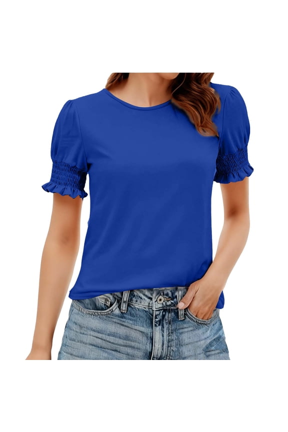 Womens Puff Sleeve Top, Casual Short Sleeve Shirt with Smocked Cuff, Soft Stretchy Everyday Blouse for Women in Blue,Size 2XL