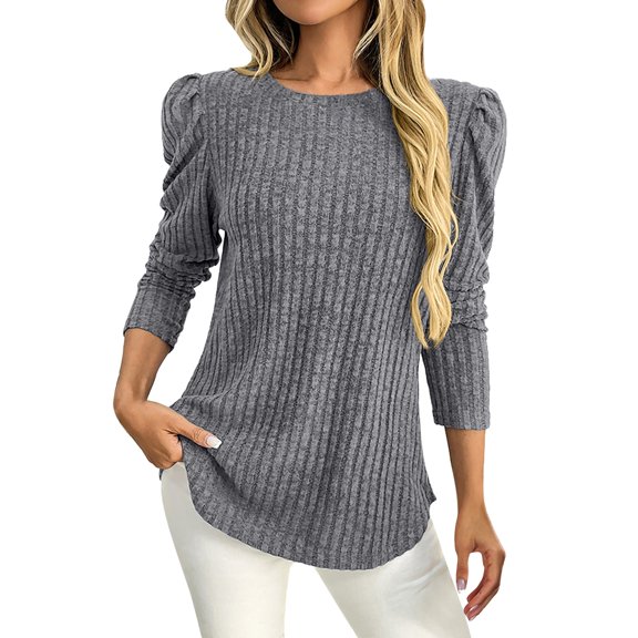 Womens Puff Sleeve Top, Yigetop Ladies' Casual Round Neck Bubble Sleeves Brushed Stripe Solid Color Top Long Sleeved T Shirt Dressy Blouses for Women Long Sleeve Grey 2XL