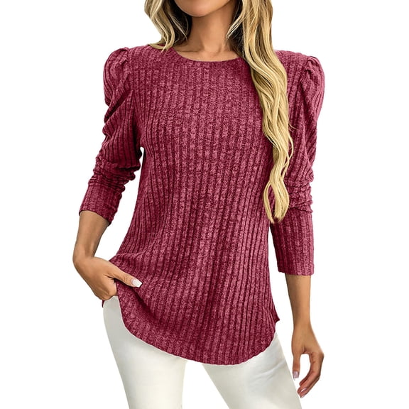 Womens Puff Sleeve Top, Yigetop Ladies' Casual Round Neck Bubble Sleeves Brushed Stripe Solid Color Top Long Sleeved T Shirt Dressy Blouses for Women Long Sleeve Wine 2XL