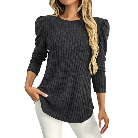 Womens Puff Sleeve Top, Yigetop Ladies' Casual Round Neck Bubble Sleeves Brushed Stripe Solid Color Top Long Sleeved T Shirt Dressy Blouses for Women Long Sleeve Black L