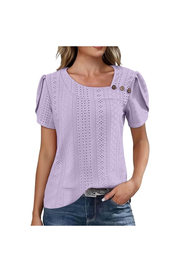 Womens Puff Sleeve Top in Lavender, Square Neck Eyelet Jacquard Blouse for Casual & Office Wear, Short Sleeve,Size S