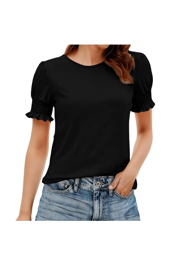 Womens Puff Sleeve Top with Smocked Cuff, Stretchy Casual Shirt, Soft Polyester Spandex Blouse for Everyday Wear, Black,Size 2XL