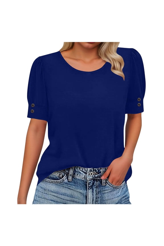 Womens Puff Sleeve Tops Dressy Casual Spring Summer Clothes Short Sleeve Tees Crew Neck Solid Color T-Shirts (2XL, Blue)