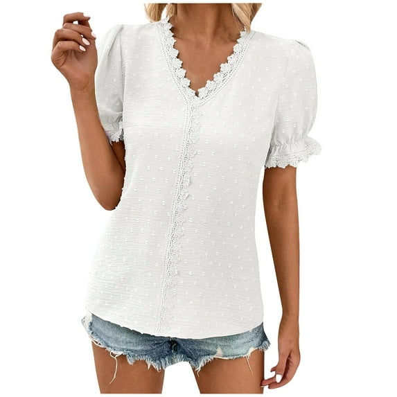 Womens Puff Sleeve Tops Ruffled Lace Trim Dressy Casual Blouses for Women V Neck T Shirts Elegant Cute Tshirts (Medium, White)
