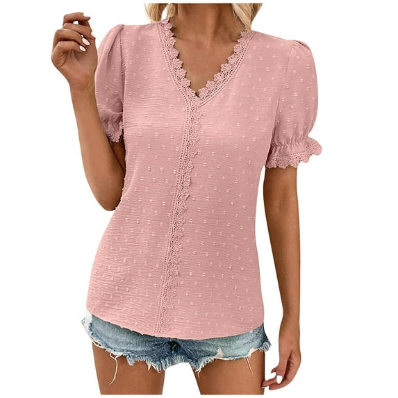 Womens Puff Sleeve Tops Ruffled Lace Trim Dressy Casual Blouses for Women V Neck T Shirts Elegant Cute Tshirts (XX-Large, Pink)