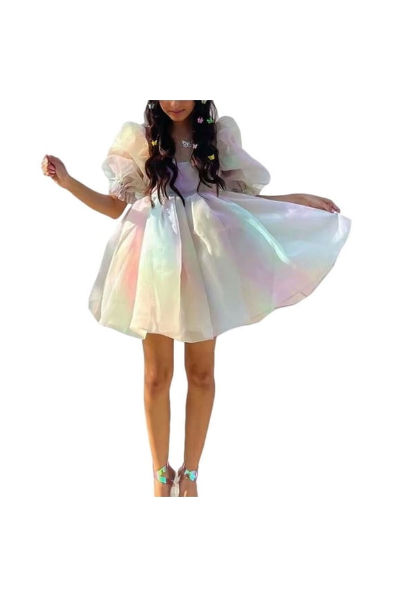 Womens Puff Sleeve Tulle Princess Dress Romantic Off Shoulder Flounce Square Collar Short Sleeve Mini Fairy Dress