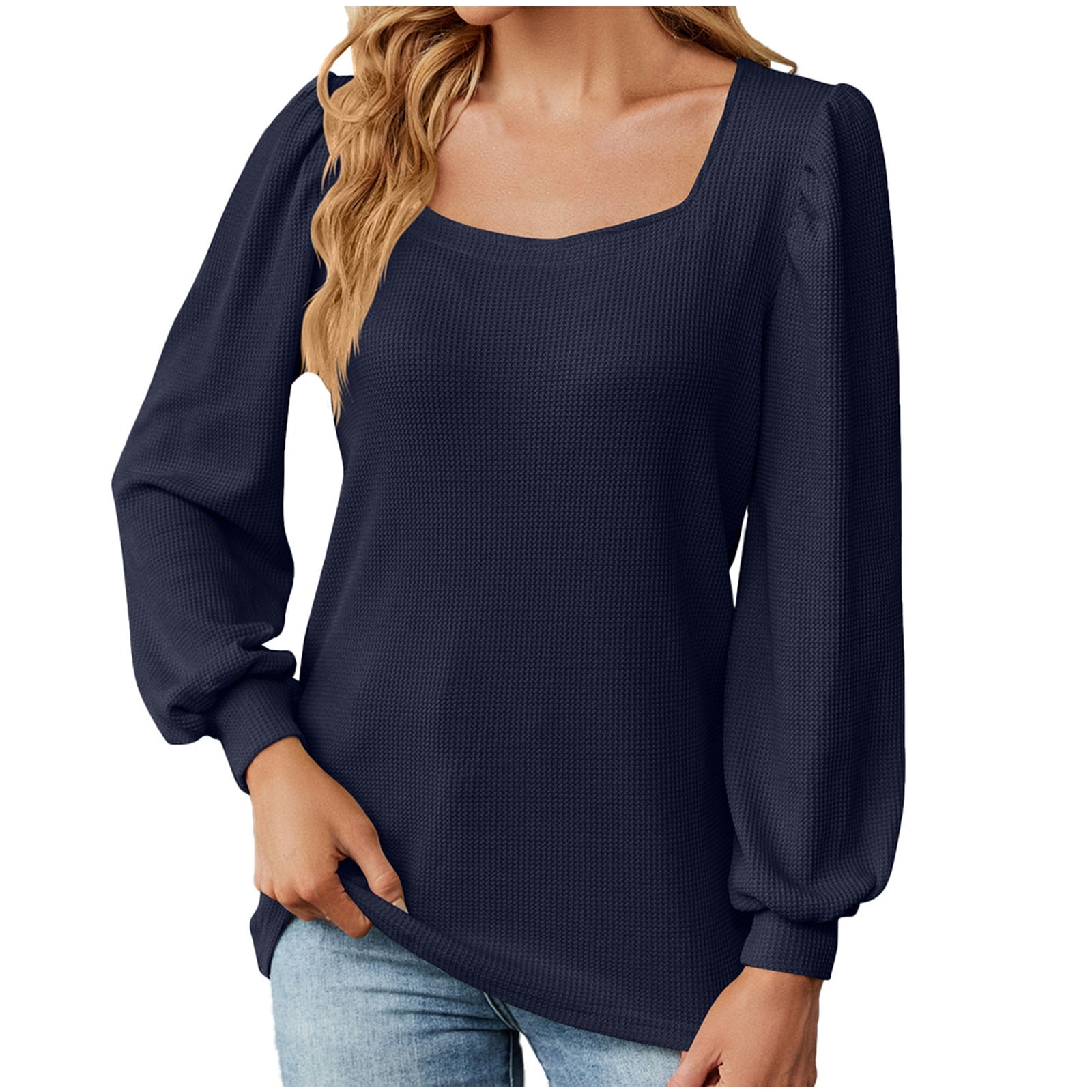 Womens Puff Sleeve Waffle Tunic Top Square Neck Loose Fit Long 