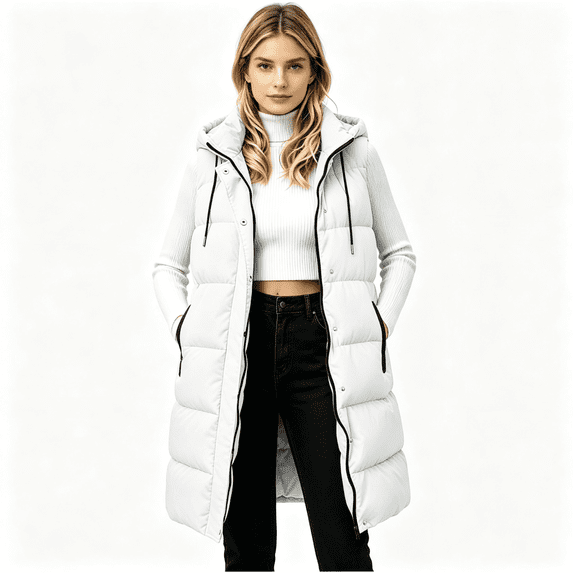 Womens Puff Vest Outwear with Hood Casual Full Zip Warm Loose Fit Winter Sleeveless Quilted Jacket White 2XL
