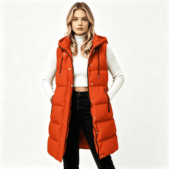 Womens Puff Vest Outwear with Hood Casual Loose Fit Full Zip Warm Winter Sleeveless Quilted Jacket Orange S-2XL
