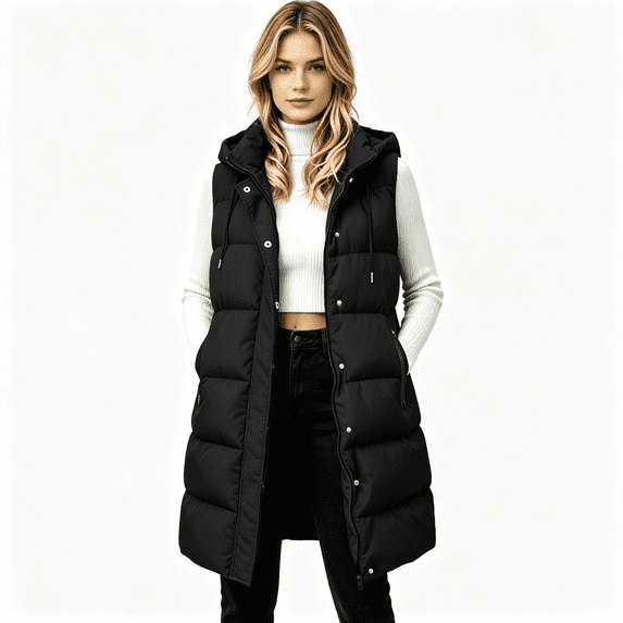 Womens Puff Vest Outwear with Hood Loose Fit Warm Full Zip Casual Winter Sleeveless Quilted Jacket Black XL