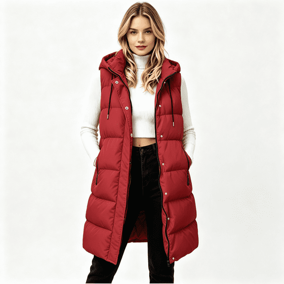 Womens Puff Vest Outwear with Hood Warm Loose Fit Casual Full Zip Winter Sleeveless Quilted Jacket Wine M