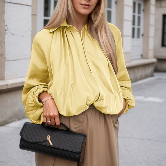 Womens Puffed Bomber Oversized Jacket Batwing Sleeve Streetwear Lapel Collar Zip Front Pleated Blouse Shirts