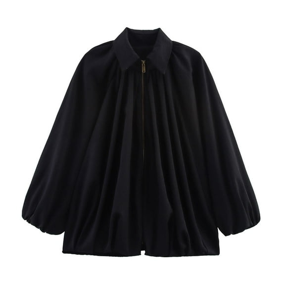 Womens Puffed Bomber Oversized Jacket Trendy Lapel Collar Long Batwing Sleeve Front Zip Up Pleated Casual Outerwear