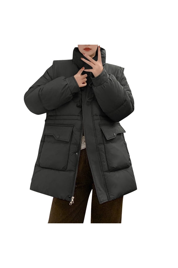 Womens Puffer Coat Mid-Length Coat with Sailor Collar Toggle Closure, Drawstring Waist Winter Warm Outerwear with Patch Pockets