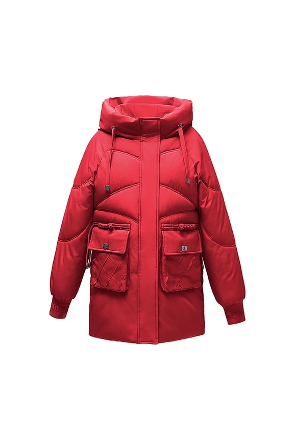 Womens Puffer Coat Mid-Length Hooded Coat Winter Warm Outerwear with Flap Pockets & Ribbed Cuffs