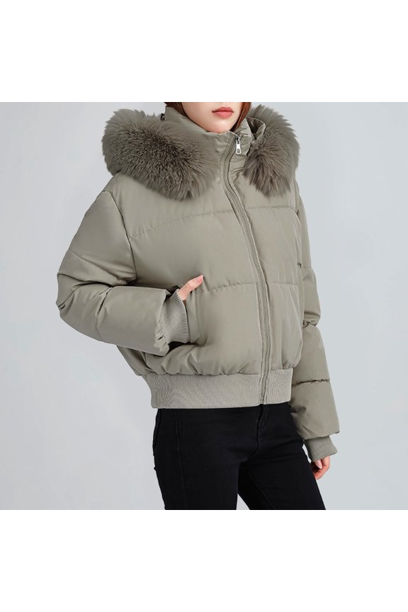 Womens Puffer Coat Short Casual Winter Warm Outerwear with Faux Fur Collar Zip-Up Bomber Style Ribbed Hem & Cuffs