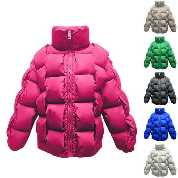 Womens Puffer Jacket 3D Woven Stand Collar Zip Up Long Sleeve Puffy Quilted Jackets Oversized Solid Thick Warm Streetwear Down Coat Winter Fashion Outerwear 2025