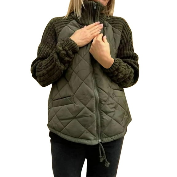 Womens Puffer Jacket Knit Patchwork Zip Up Long Sleeve Quilted Jckets Army Green M