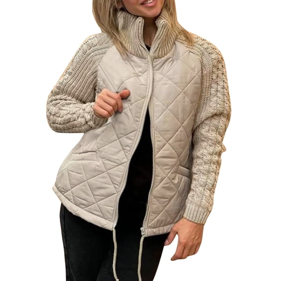 Womens Puffer Jacket Knit Patchwork Zip Up Long Sleeve Quilted Jckets Khaki XXXL
