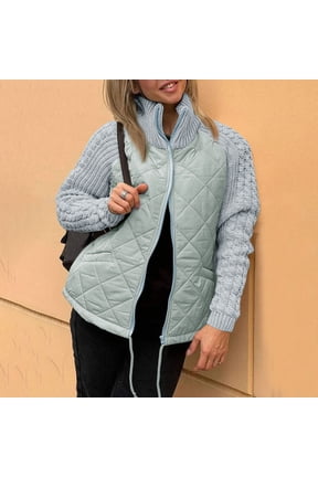 Womens Puffer Jacket Lightweight Knit Patchwork Zip Up Long Sleeve Quilted Jackets Warm Winter Outerwear