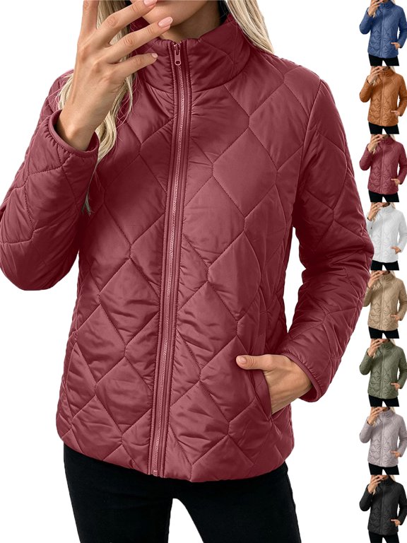 Womens Puffer Jacket Lightweight Zip Up Stand Collar Puffer Coat Thin Winter Warm Packable Outerwear with Pockets