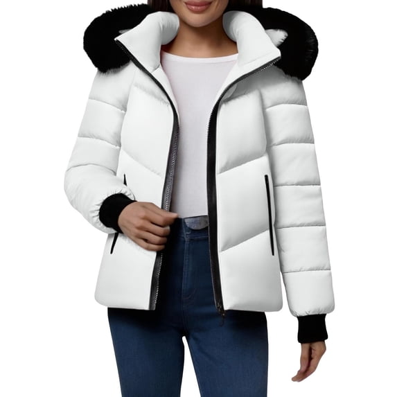 Womens Puffer Jacket Long Sleeve Hooded Warm Jacket Detachable Hood & Water-Resistant With Zippers