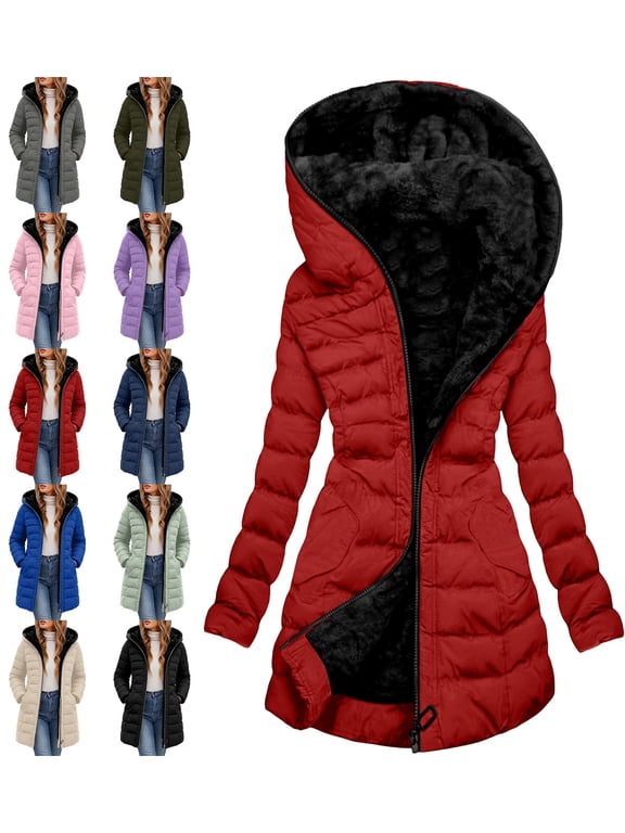 Womens Puffer Jacket Long with Thick Sherpa Lining Warm Hooded Winter Slim Fit