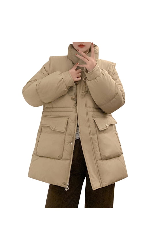 Womens Puffer Jacket Mid-Length Coat with Sailor Collar Toggle Closure, Drawstring Waist Winter Warm Outerwear with Patch Pockets