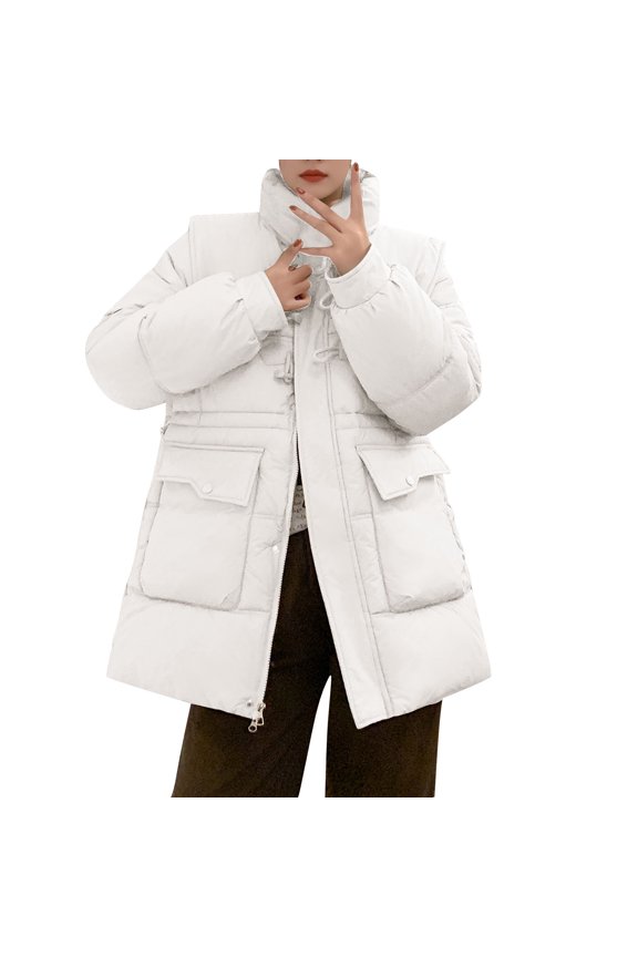 Womens Puffer Jacket Mid-Length Coat with Sailor Collar Toggle Closure, Drawstring Waist Winter Warm Outerwear with Patch Pockets