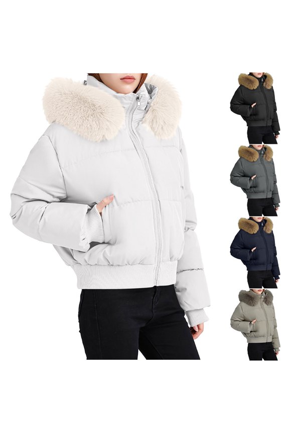 Womens Puffer Jacket Short Casual Winter Warm Outerwear with Faux Fur Collar Zip-Up Bomber Style Ribbed Hem & Cuffs