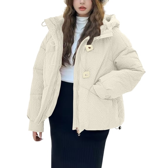Womens Puffer Jacket Solid Color Zip Hooded Warm Jacket, Long Sleeve Casual Coat with Dual Pockets