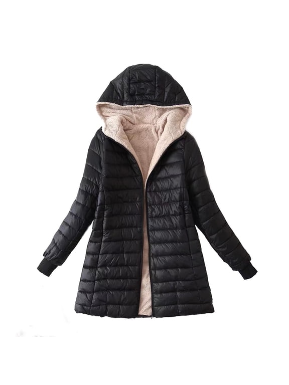 Womens Puffer Down Jacket Winter Fleece Lined Jackets Warm Faux Fur Long Coat Ladies Quilted Zip Puff Coats Waterproof Padded Overcoat Outdoor Ski Hiking Thicken Outwear with Pockets Hooded