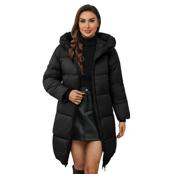 Womens Puffer Jacket, Yigetop Women's Autumn and Winter Long Knee Down Cotton Slim Fit Large Size Hooded Shoulder Cotton Jacket Quilted Jacket Black L