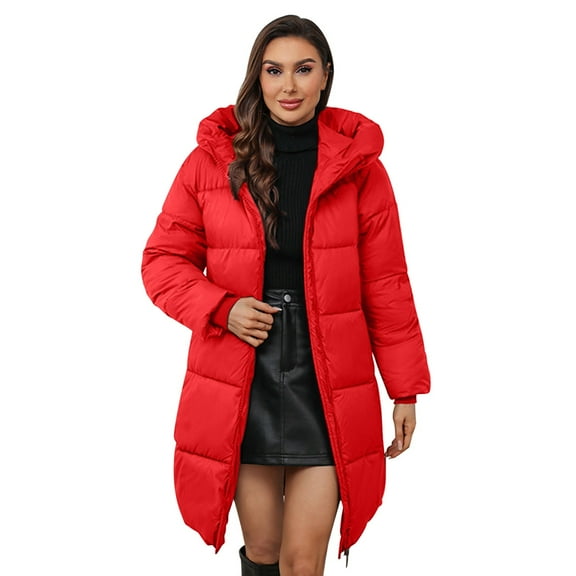 Womens Puffer Jacket, Yigetop Women's Autumn and Winter Long Knee Down Cotton Slim Fit Large Size Hooded Shoulder Cotton Jacket Quilted Jacket Red 3XL