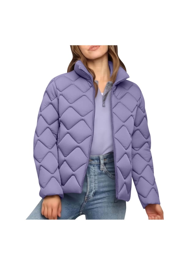 Womens Puffer Quilted Jacket without Hood Warm Thickened Cotton Down Coat Long Sleeve Winter Cropped Outerwear (4XL, Purple)