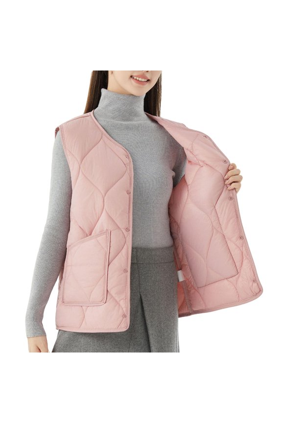 Womens Puffer Quilted Vest Lightweight Bubble Cap Sleeve Jacket Winter Warm Button Down Padded Gilet Winter Outerwear
