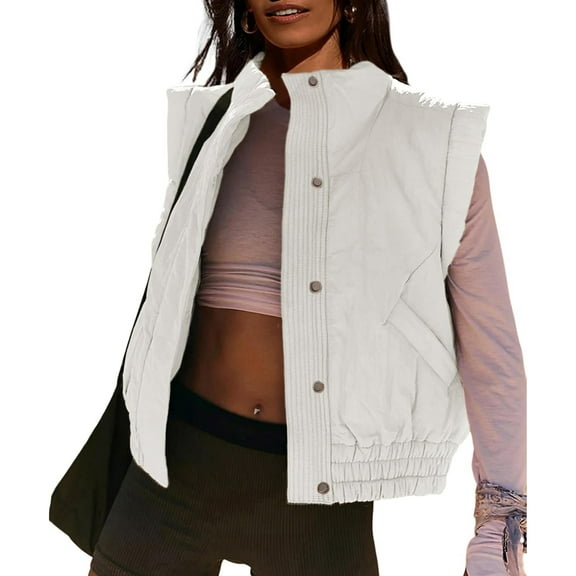 Womens Puffer Vest Cropped Lightweight Button Down Quilted Vest Sleeveless Padded Gilet Coat with Pockets