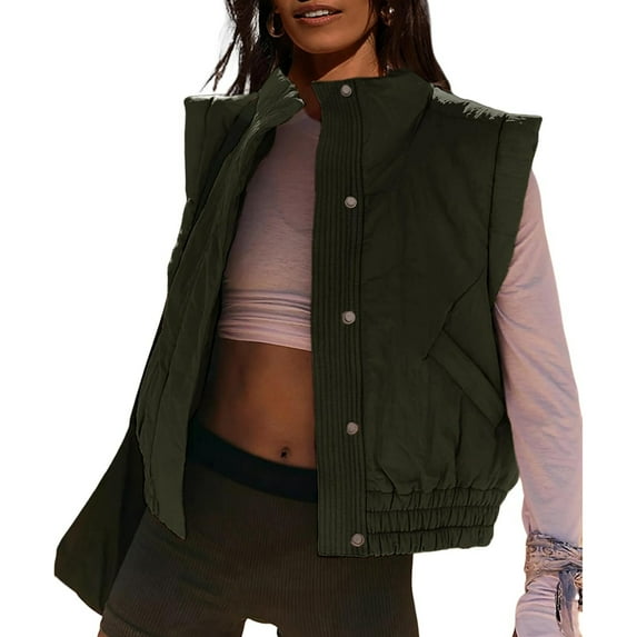 Womens Puffer Vest Cropped Lightweight Button Down Quilted Vest Sleeveless Padded Gilet Coat with Pockets