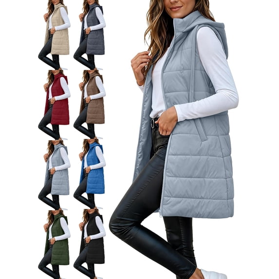 Womens Puffer Vest Full Zipper Hooded Long Quilted Jackets Sleeveless Fall Winter Warm Coat Outerwear with Pockets