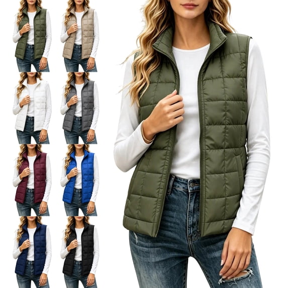 Womens Puffer Vest Full Zipper Sleeveless Quilted Jackets Lightweight Stand Collar Fall Spring Winter Coat Outerwear with Pockets