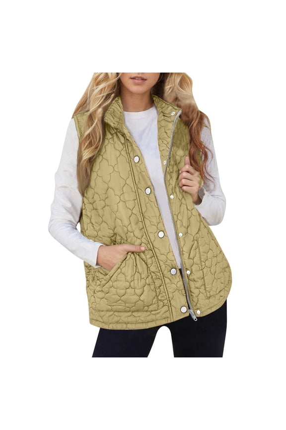 Womens Puffer Vest Lightweight Stand Collar Sleeveless Cropped Quilted Jackets Button Fall Zip Up Coat