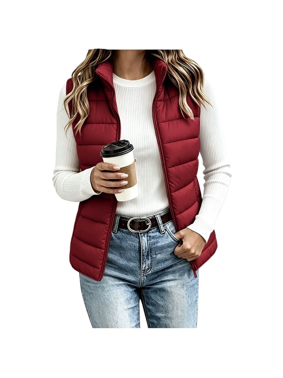 Womens Puffer Vest Lightweight Zipper Cropped Vest Jackets Sleeveless Stand Collar Winter down Jacket Packable Outdoor Travel Outerwears