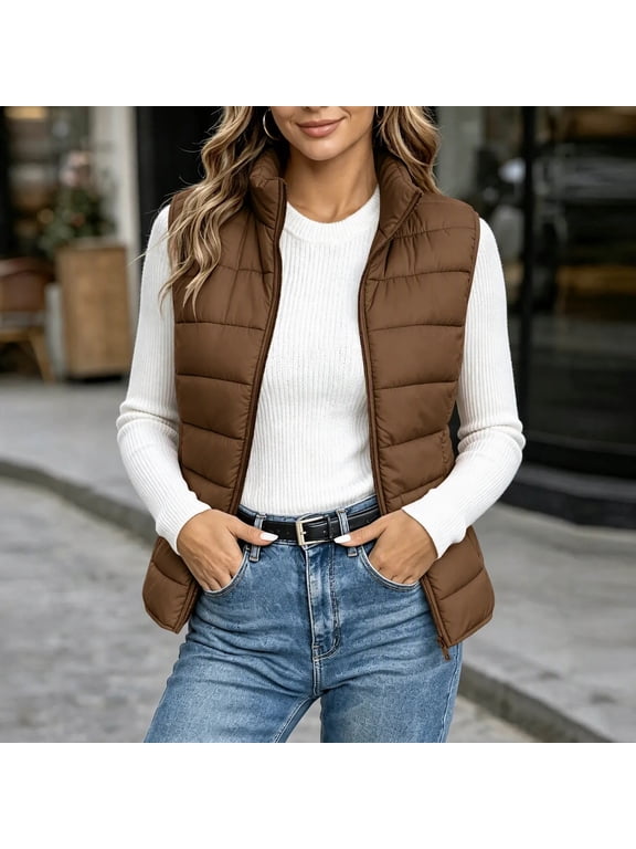 Womens Puffer Vest Lightweight Zipper Cropped Vest Jackets Sleeveless Stand Collar Winter down Jacket Packable Outdoor Travel Outerwears