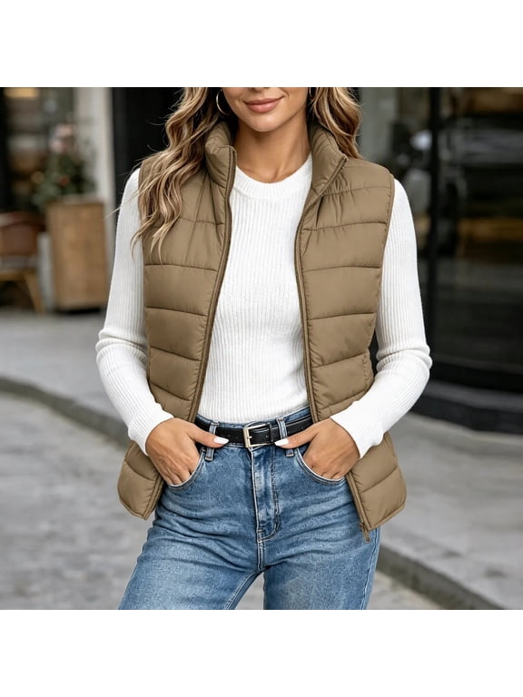 Womens Puffer Vest Lightweight Zipper Cropped Vest Jackets Sleeveless Stand Collar Winter down Jacket Packable Outdoor Travel Outerwears