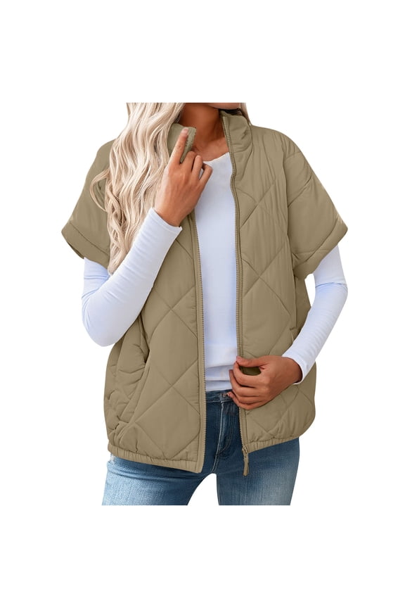 Womens Puffer Vest Oversized Stand Collar Full Zip Sleeveless Bubble Puffer Jackets Quilted Padded Warm Coat Outwear