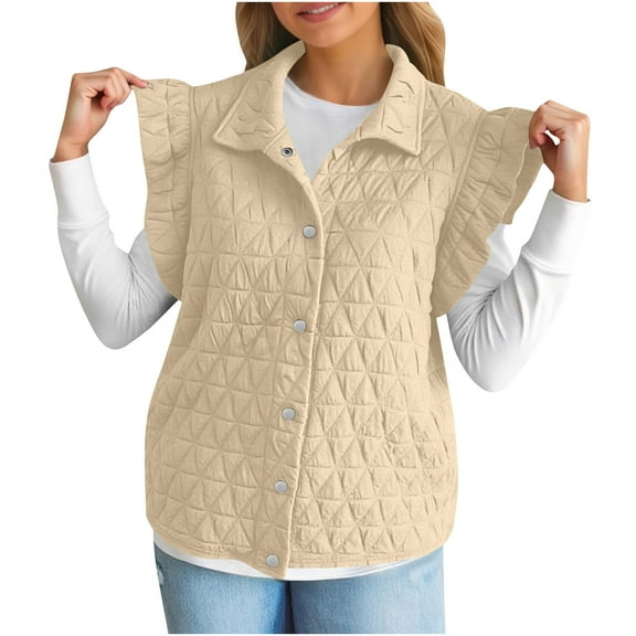 Womens Puffer Vest Ruffle Sleeveless Quilted Jacket Trendy Button Down Padded Gilet Fall Winter Outerwear with Pocket